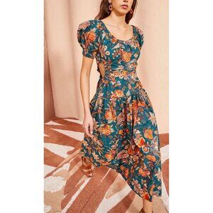 Ulla Johnson Golda Dress Sz 0 Puff Sleeve Floral Cotton Midi Blue Teal NEW